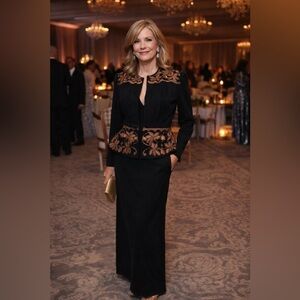 Anya 100% silk Black and Gold beaded peplum skirt and jacket set